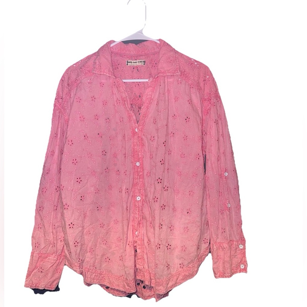We The Free Womens Washed Eyelet Button Up Top XSPink Boho